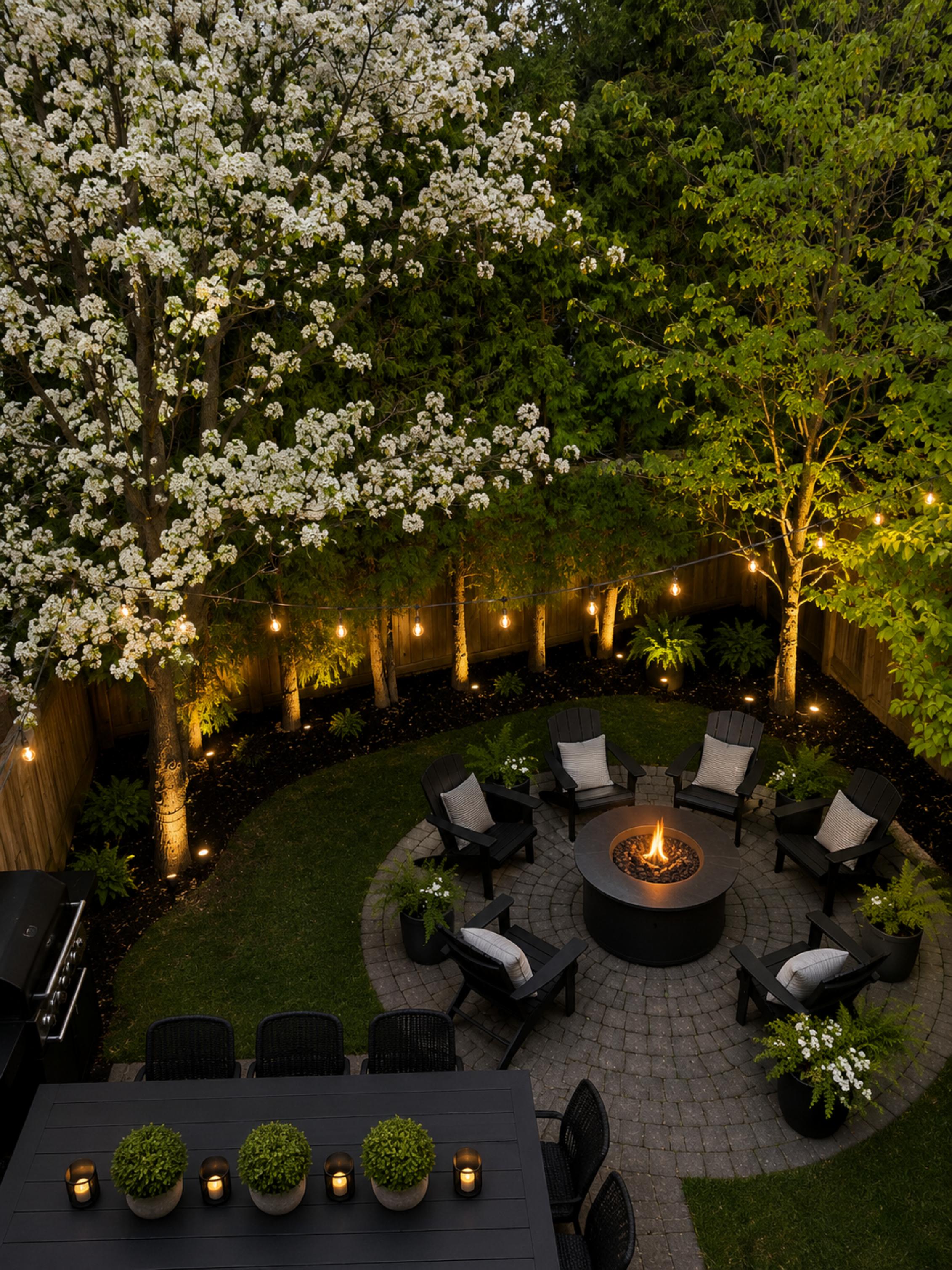Rear garden — mature tree canopy at dusk
